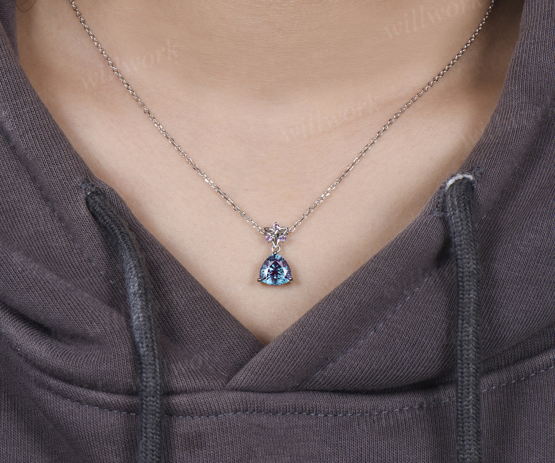 Trilliant cut 2ct alexandrite Necklace 14k white gold Celtic knot amethyst Pendant women color change gemstone anniversary gift