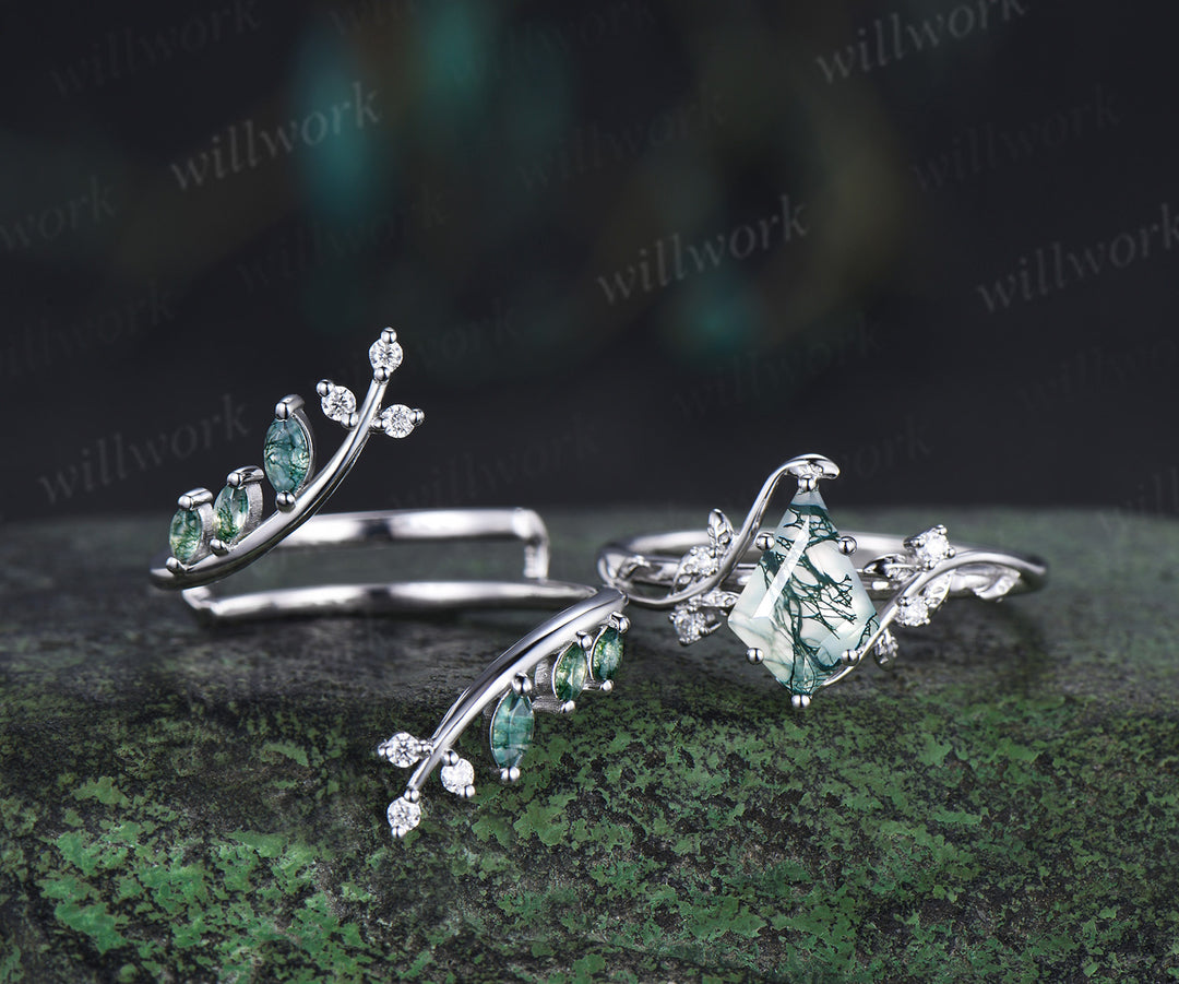 Unique kite cut moss agate leaf engagement ring set twig nature inspired 14k black gold diamond enhancer wedding ring band women