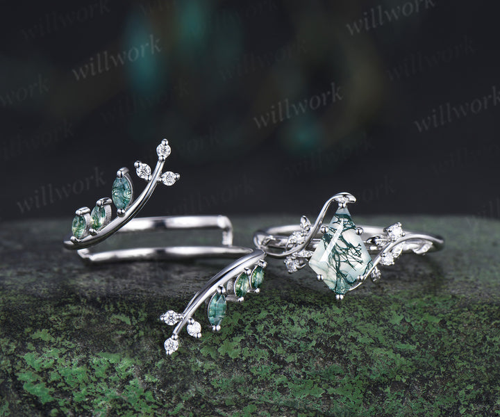 Unique kite cut moss agate leaf engagement ring set twig nature inspired 14k black gold diamond enhancer wedding ring band women