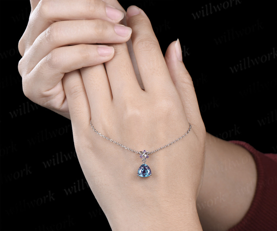 Trilliant cut 2ct alexandrite Necklace 14k white gold Celtic knot amethyst Pendant women color change gemstone anniversary gift