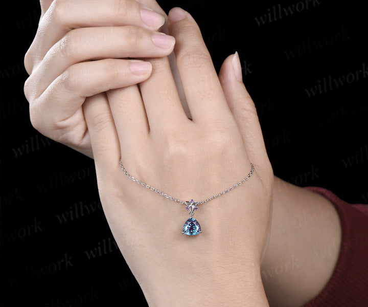 Trilliant cut 2ct alexandrite Necklace 14k white gold Celtic knot amethyst Pendant women color change gemstone anniversary gift