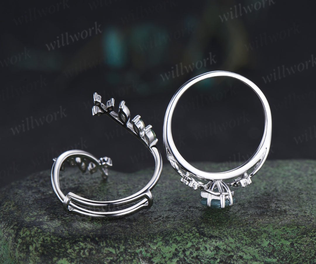 Unique kite cut moss agate leaf engagement ring set twig nature inspired 14k black gold diamond enhancer wedding ring band women