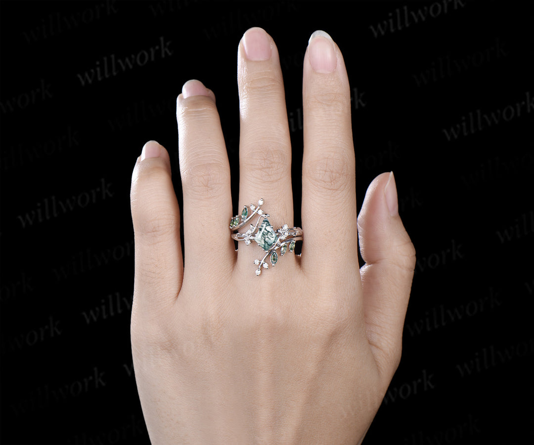 Unique kite cut moss agate leaf engagement ring set twig nature inspired 14k black gold diamond enhancer wedding ring band women