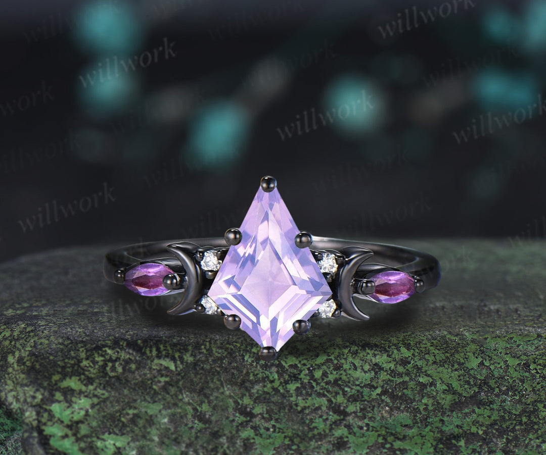 Unique Black Gold Kite Cut Lavender Amethyst Ring Crescent Moon Star Purple Engagement Ring  Gothic Bridal Ring