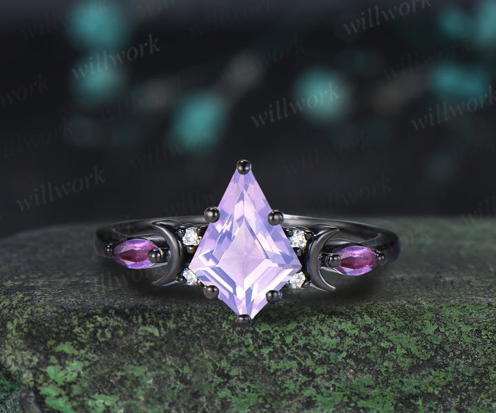 Unique Black Gold Kite Cut Lavender Amethyst Ring Crescent Moon Star Purple Engagement Ring  Gothic Bridal Ring