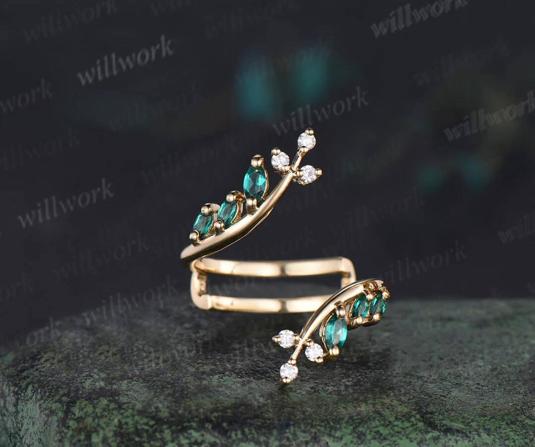 Kite cut emerald leaf engagement ring set twig nature inspired 14k yellow gold diamond enhancer wedding band bridal set