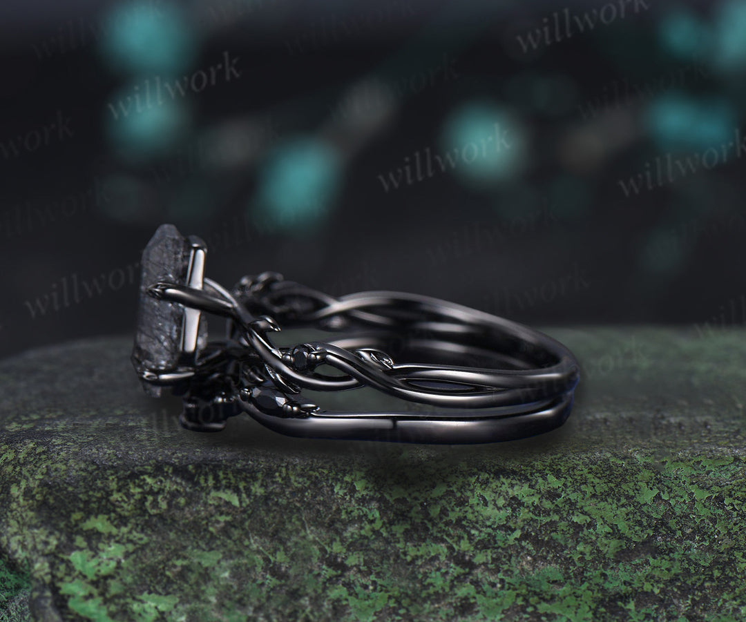 Retro Coffin Cut Natural Black Rutilated Quartz Engagement Ring Set Twig Vine Black Gothic Wedding Ring Set for Black Wedding Dress/Gown