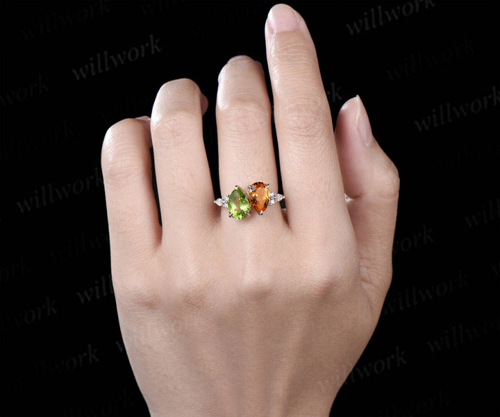 Unique pear cut citrine engagement ring teardrop peridot promise ring dainty anniversary ring women