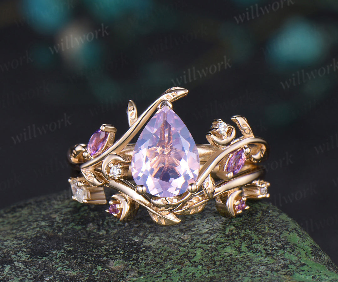 Vintage pear shaped Lavender Amethyst engagement ring rose gold nature inspired leaf moon moissanite wedding bridal ring set women