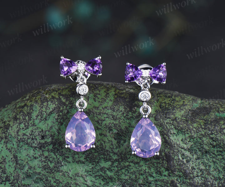 Unique pear lavender amethyst earrings bow tie amethyst moissanite stud drop earrings