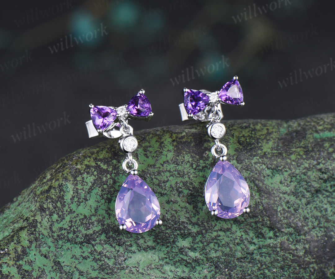 Unique pear lavender amethyst earrings bow tie amethyst moissanite stud drop earrings