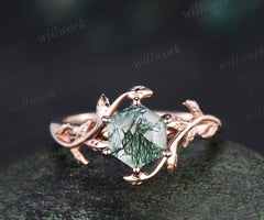 Hexagon cut green moss agate engagement ring 14k rose gold branch twig leaf Solitaire wedding ring women gift