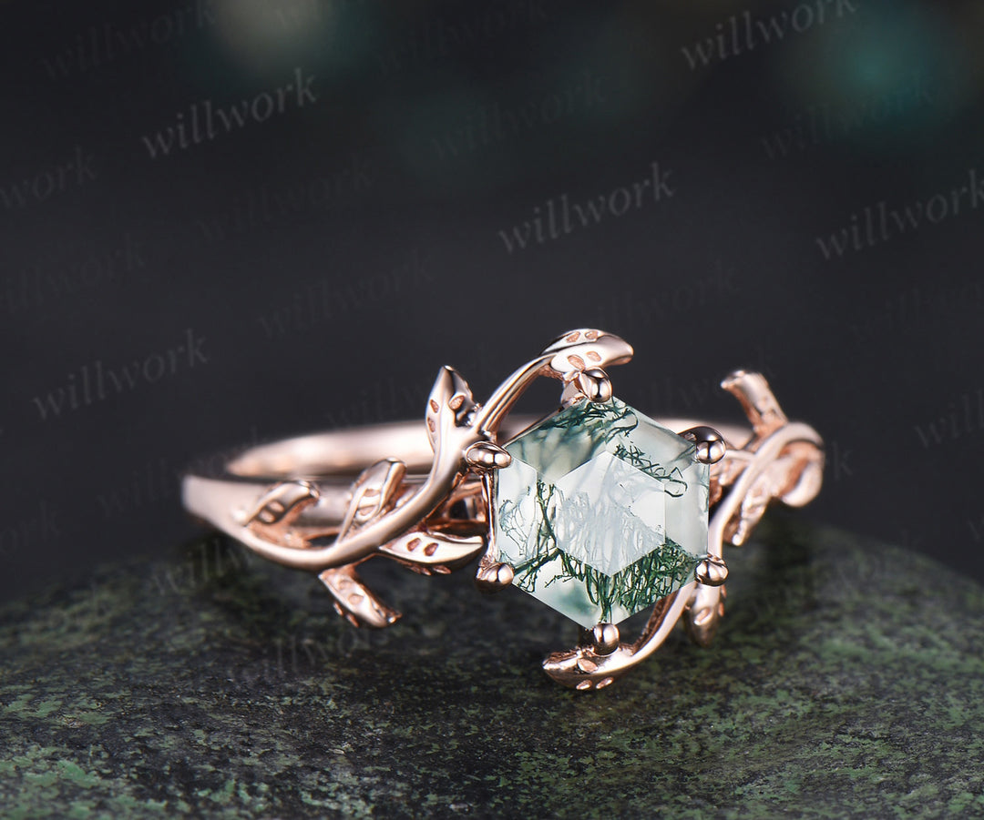 Hexagon cut green moss agate engagement ring 14k rose gold branch twig leaf Solitaire wedding ring women gift