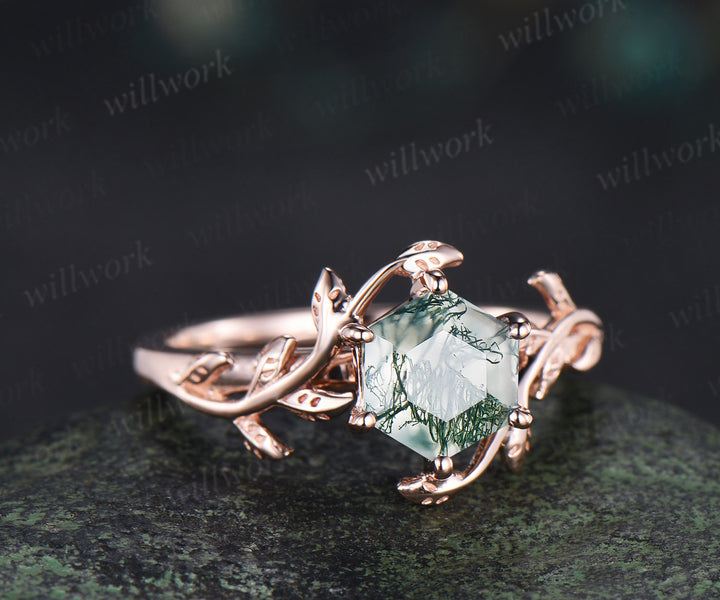 Hexagon cut green moss agate engagement ring 14k rose gold branch twig leaf Solitaire wedding ring women gift
