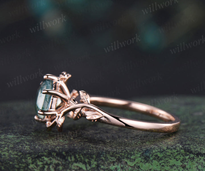 Hexagon cut green moss agate engagement ring 14k rose gold branch twig leaf Solitaire wedding ring women gift