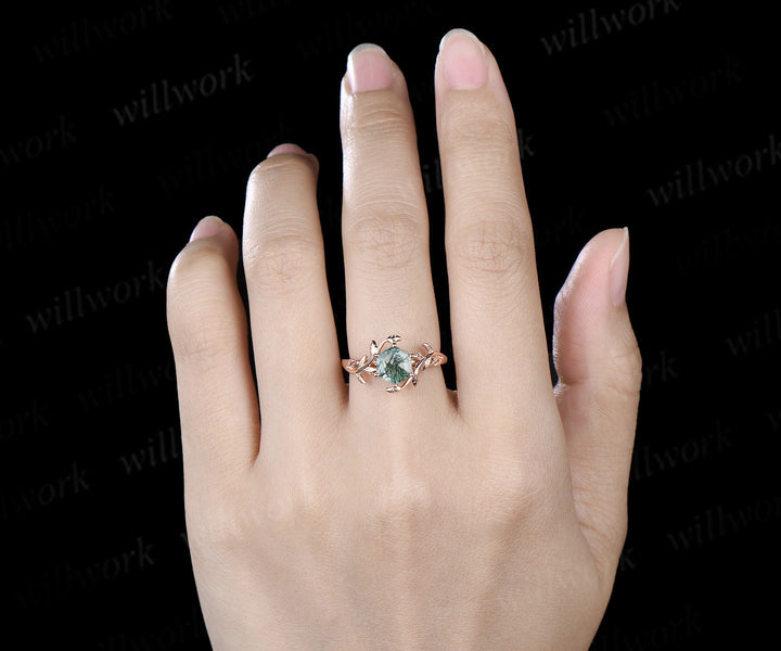Hexagon cut green moss agate engagement ring 14k rose gold branch twig leaf Solitaire wedding ring women gift