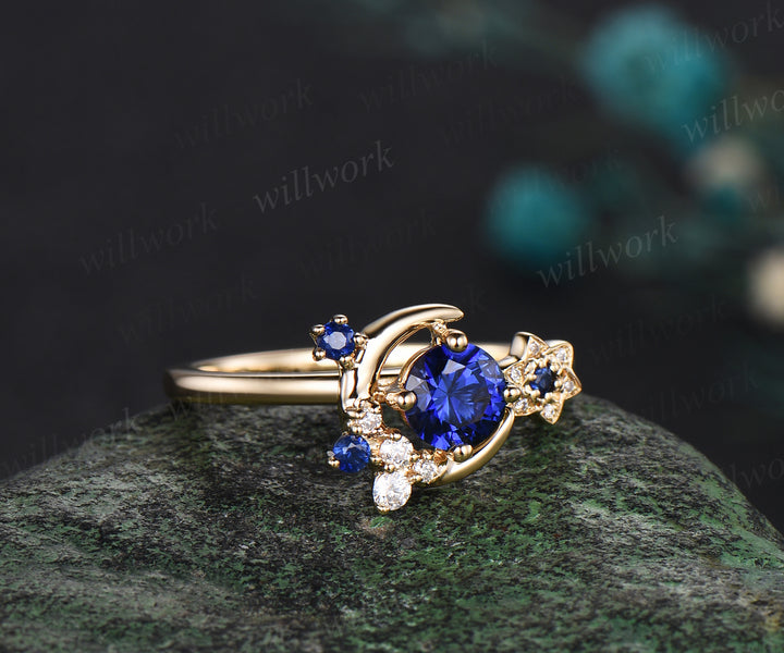 Round cut blue sapphire ring yellow gold vintage star moon cluster engagement ring women gemstone gift