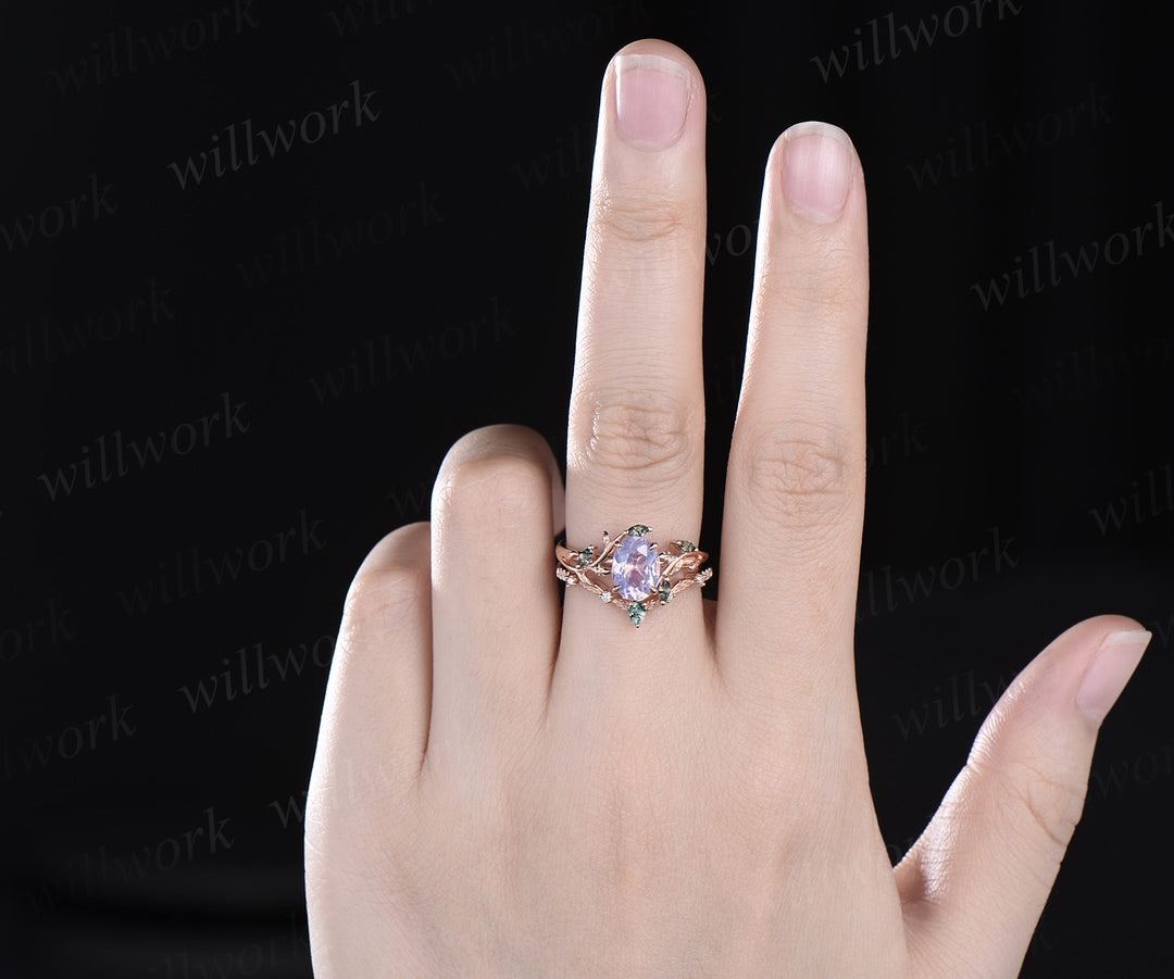 Vintage Oval Cut Lavender Amethyst Twig Vines Engagement Ring Set & Brushed Finish Lavender Amethyst Men Wedding Band Elegant Couple Ring Set Gifts