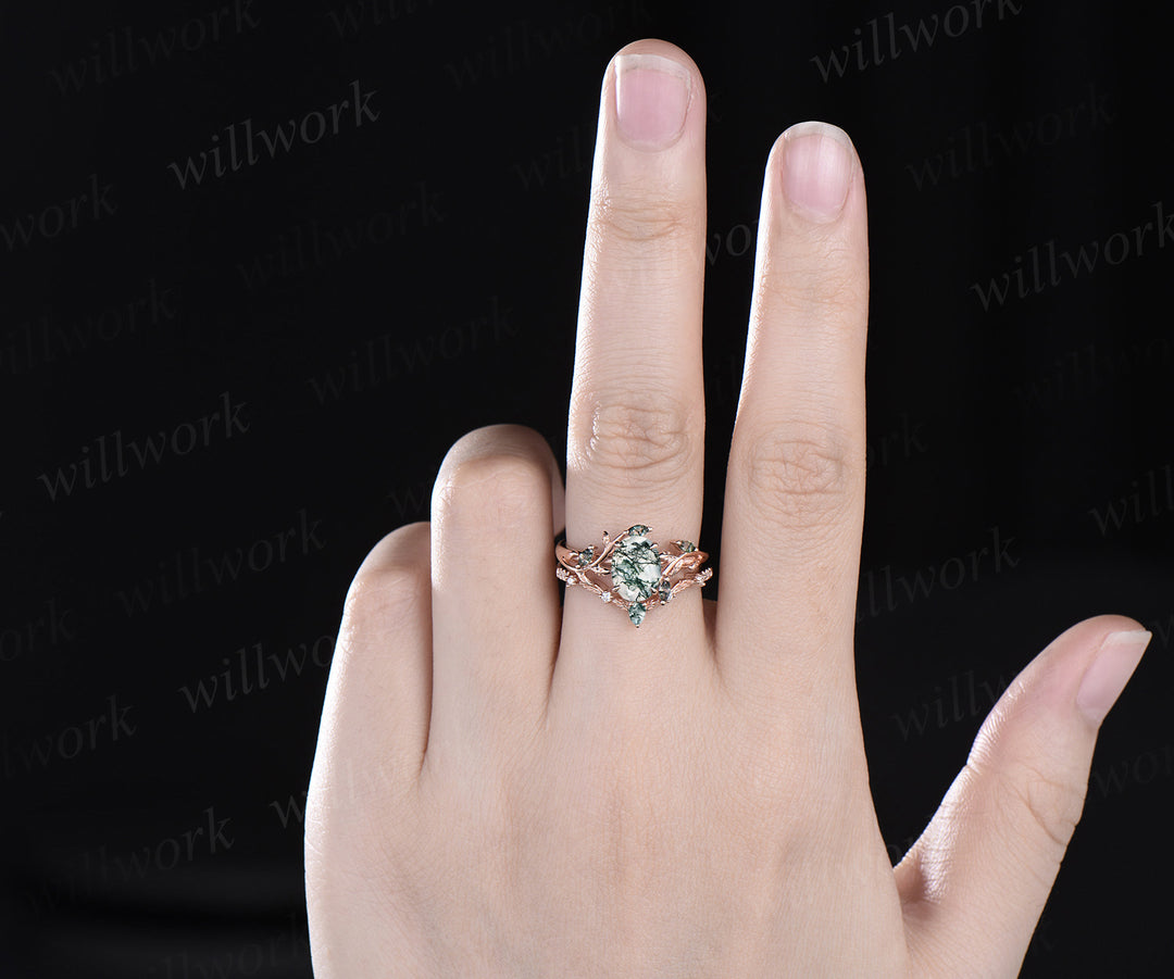 Nature Inspired Oval Cut Moss Agate Engagement Ring Set & Solitaire Moss Agate Brushed Men Wedding Band Unique Couple Ring Set