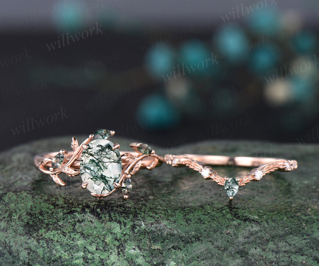 Nature Inspired Oval Cut Moss Agate Engagement Ring Set & Solitaire Moss Agate Brushed Men Wedding Band Unique Couple Ring Set