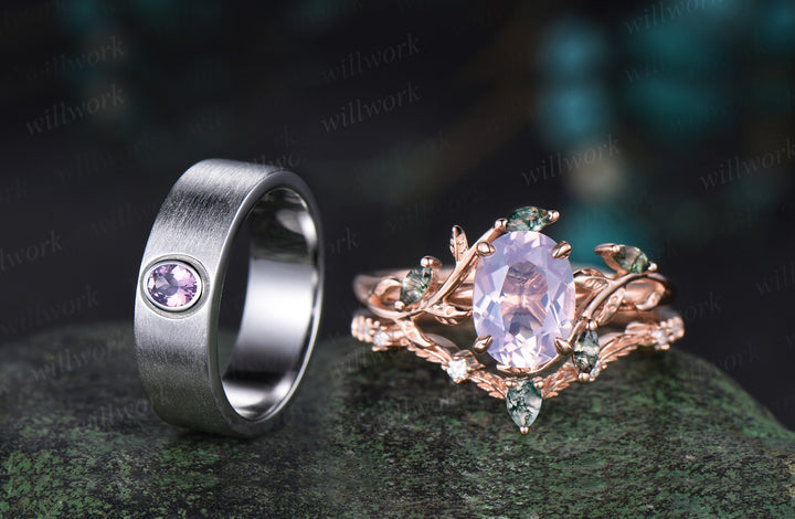 Vintage Oval Cut Lavender Amethyst Twig Vines Engagement Ring Set & Brushed Finish Lavender Amethyst Men Wedding Band Elegant Couple Ring Set Gifts