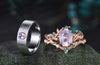 Vintage Oval Cut Lavender Amethyst Twig Vines Engagement Ring Set & Brushed Finish Lavender Amethyst Men Wedding Band Elegant Couple Ring Set Gifts