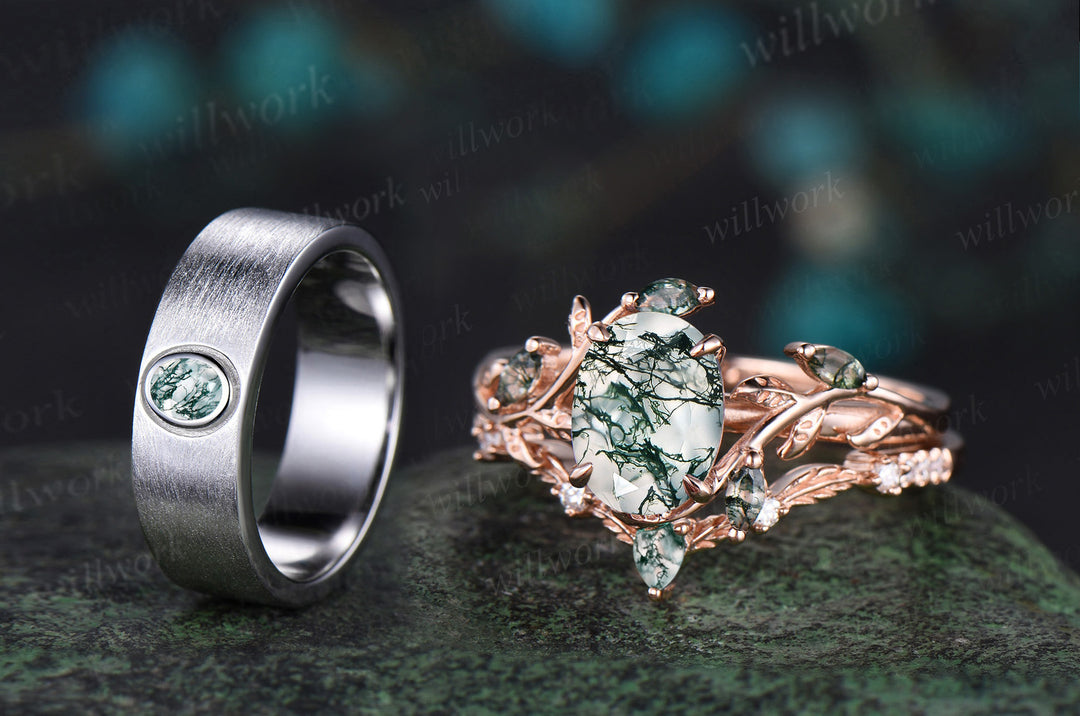 Nature Inspired Oval Cut Moss Agate Engagement Ring Set & Solitaire Moss Agate Brushed Men Wedding Band Unique Couple Ring Set