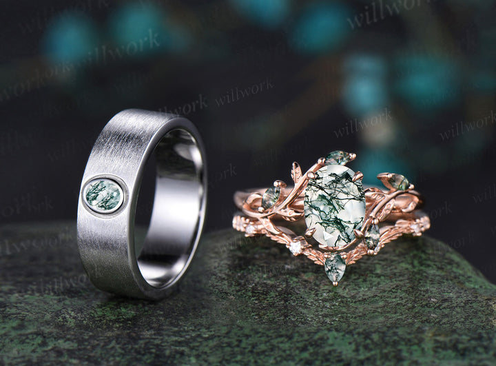 Nature Inspired Oval Cut Moss Agate Engagement Ring Set & Solitaire Moss Agate Brushed Men Wedding Band Unique Couple Ring Set