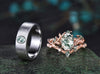 Nature Inspired Oval Cut Moss Agate Engagement Ring Set & Solitaire Moss Agate Brushed Men Wedding Band Unique Couple Ring Set