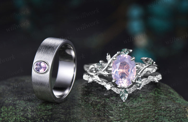 Vintage Oval Cut Lavender Amethyst Twig Vines Engagement Ring Set & Brushed Finish Lavender Amethyst Men Wedding Band Elegant Couple Ring Set Gifts