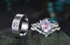 Vintage Oval Cut Lavender Amethyst Twig Vines Engagement Ring Set & Brushed Finish Lavender Amethyst Men Wedding Band Elegant Couple Ring Set Gifts