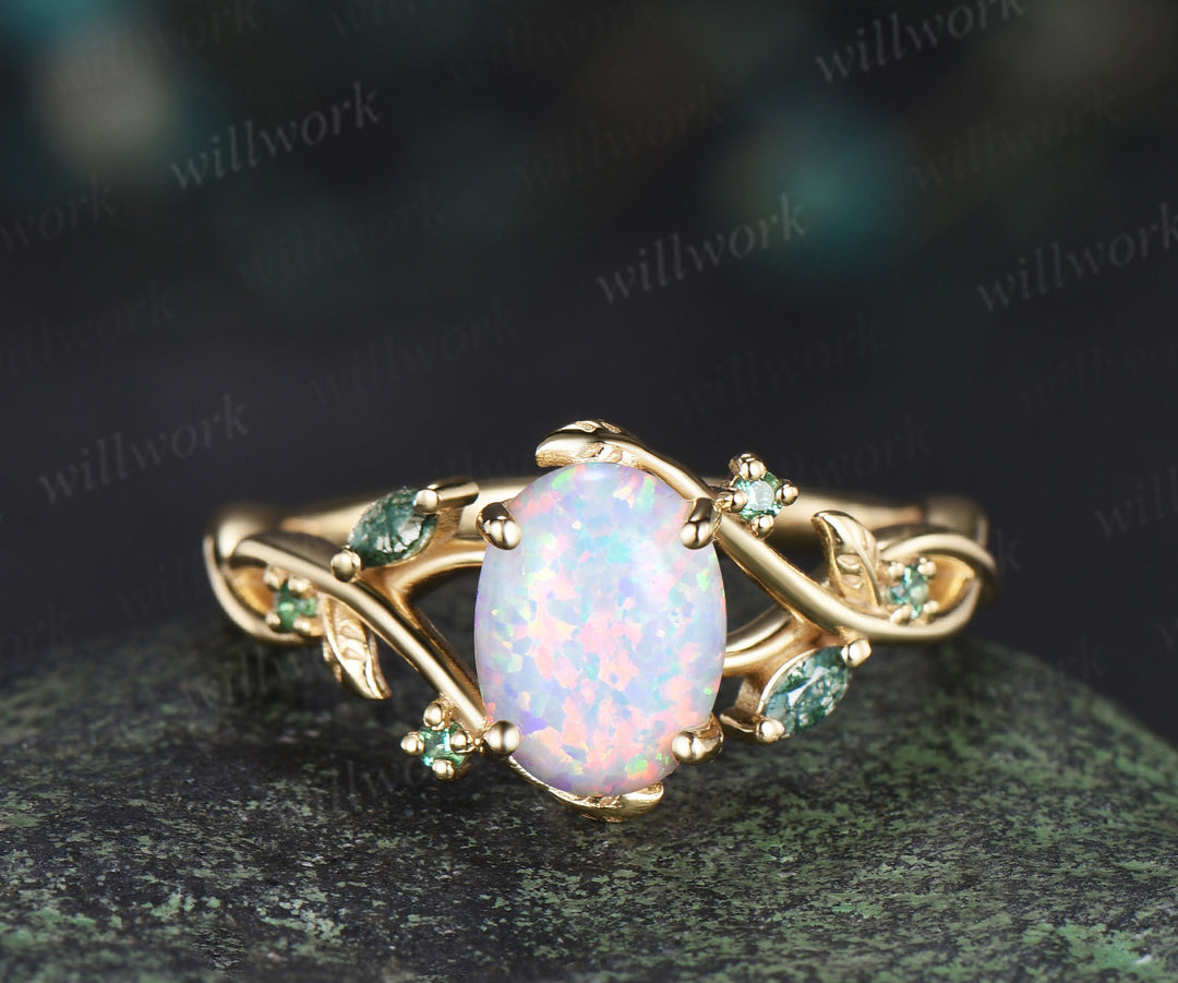 Oval white opal engagement ring yellow gold leaf infinity moss agate emerald bridal ring set