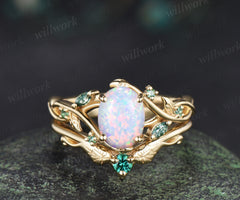 Oval white opal engagement ring yellow gold leaf infinity moss agate emerald bridal ring set