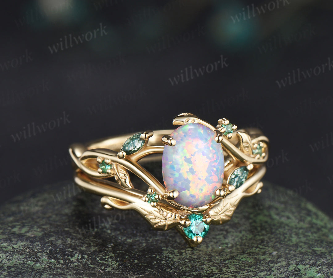 Oval white opal engagement ring yellow gold leaf infinity moss agate emerald bridal ring set