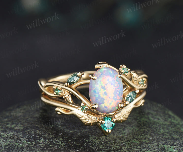 Oval white opal engagement ring yellow gold leaf infinity moss agate emerald bridal ring set