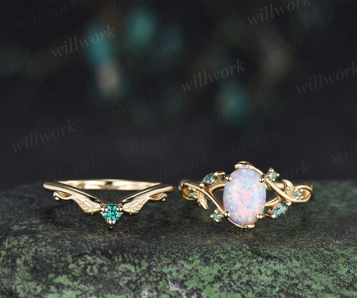 Oval white opal engagement ring yellow gold leaf infinity moss agate emerald bridal ring set