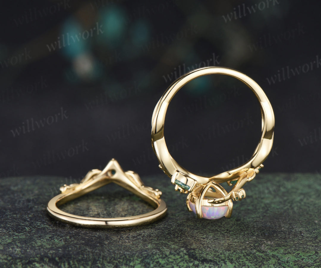 Oval white opal engagement ring yellow gold leaf infinity moss agate emerald bridal ring set