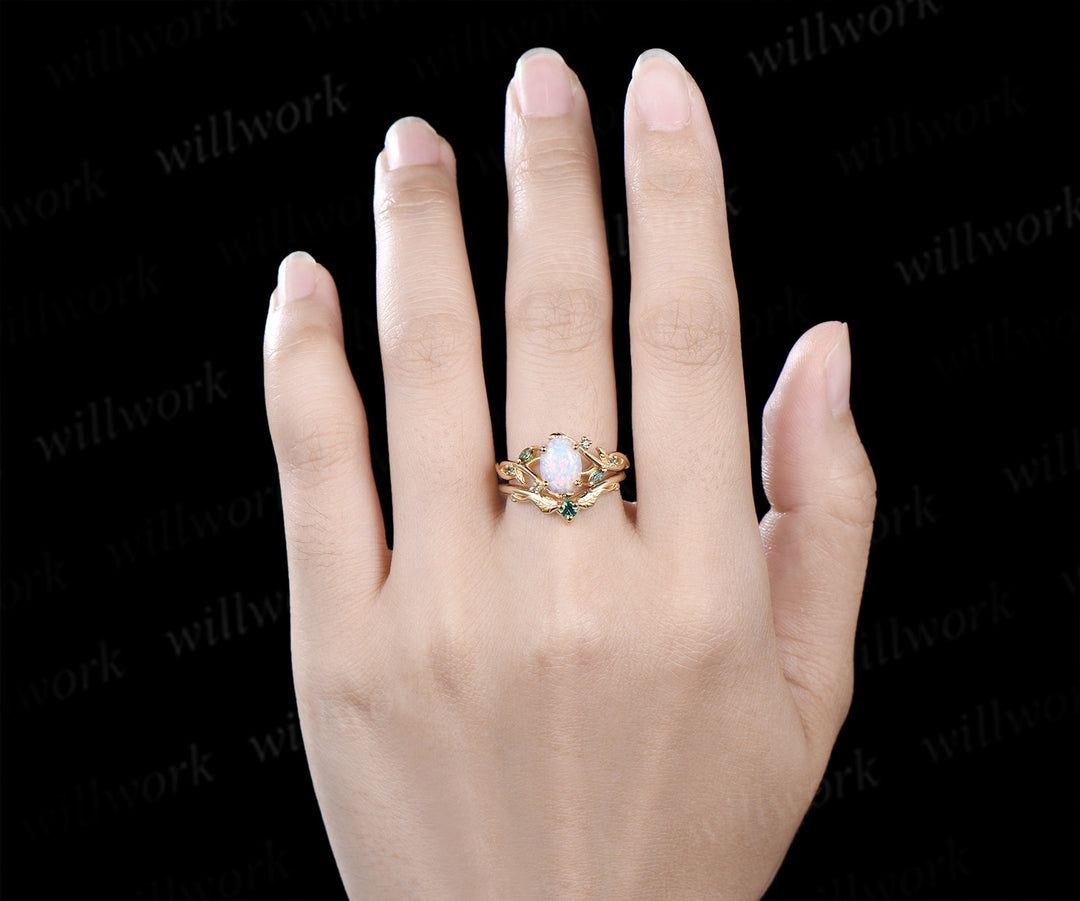 Oval white opal engagement ring yellow gold leaf infinity moss agate emerald bridal ring set