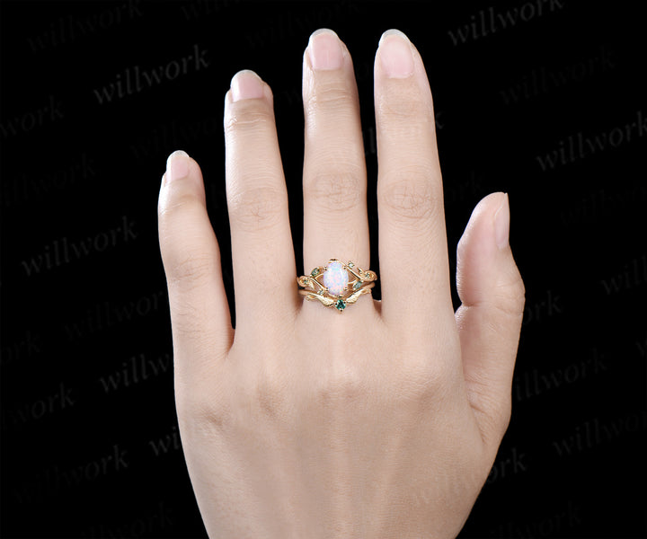 Oval white opal engagement ring yellow gold leaf infinity moss agate emerald bridal ring set