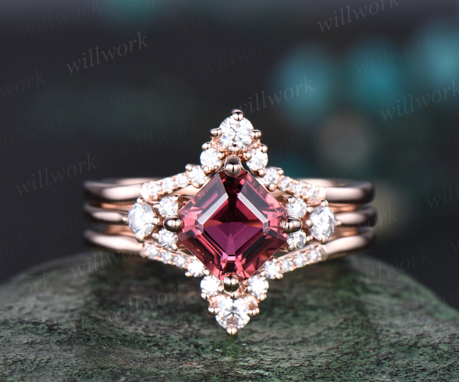 14k Gold hot Pink Tourmaline Engagement Ring Set Art Deco Pink Tourmaline Wedding Ring Set Natural Red Garnet Gemstone Ring Set Anniversary Gift