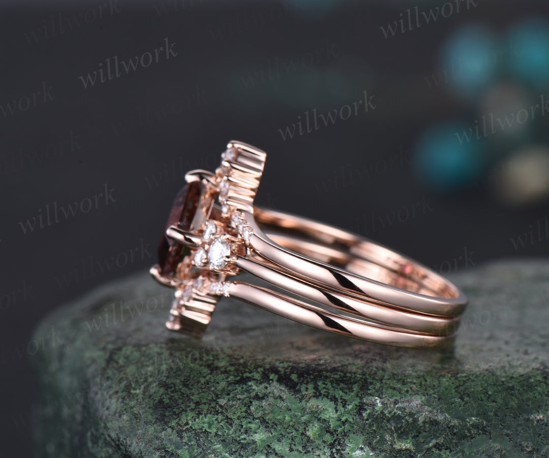 Pink Tourmaline wedding ring set 14k Rose Gold Victorian floral pattern  engagement rings