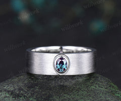 Solitaire oval alexndrite men wedding band brushed finsh wide band solid white gold engagement ring June birthstone anniversary gifts