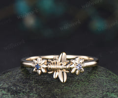 Unique tiny bee sapphire alexandrite ring solid 14k yellow gold toi et moi ring bumble bee floral ring couple bff gifts