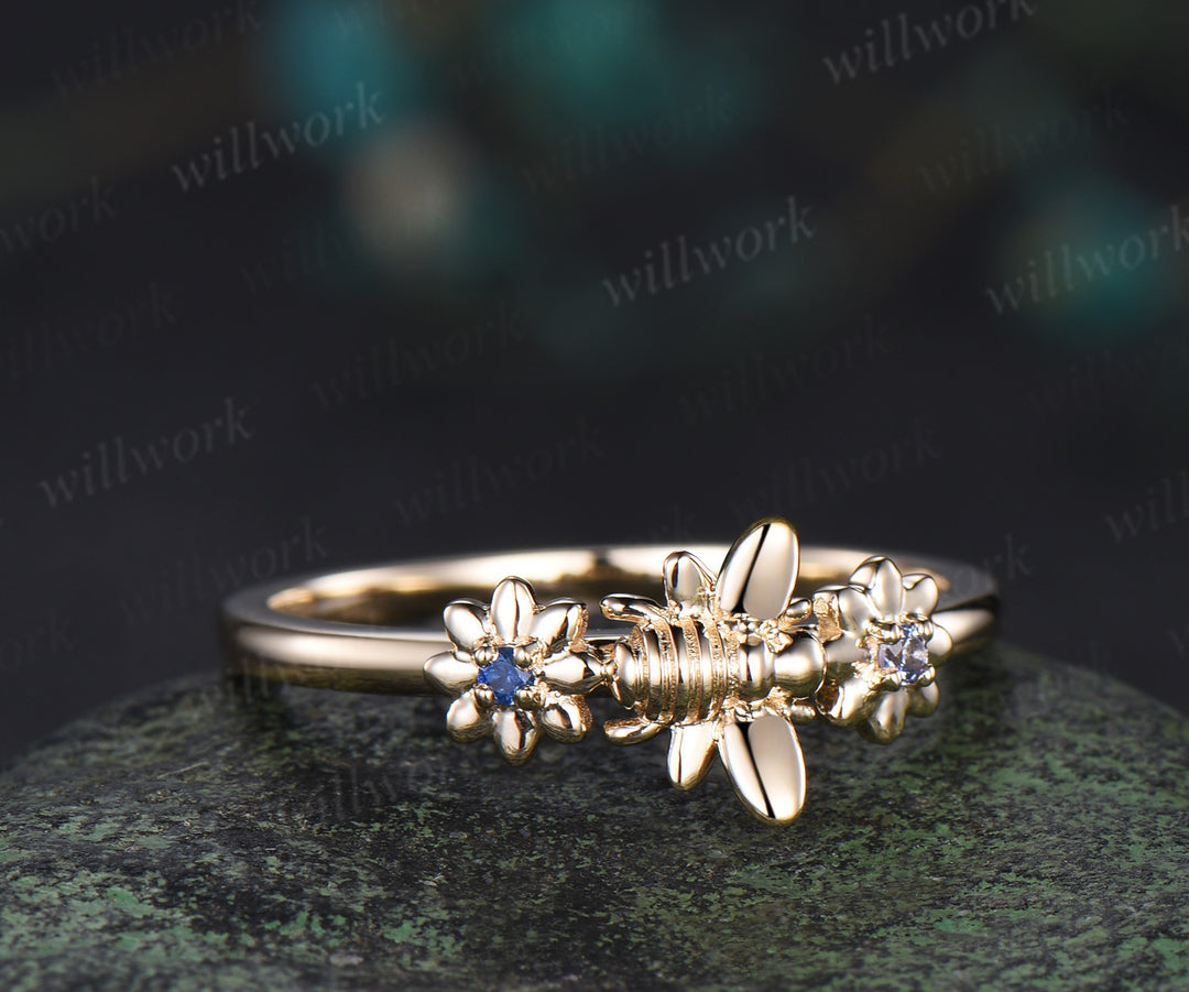 Unique tiny bee sapphire alexandrite ring solid 14k yellow gold toi et moi ring bumble bee floral ring couple bff gifts