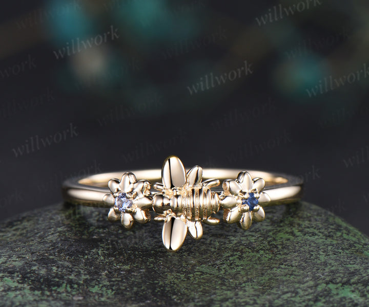 Unique tiny bee sapphire alexandrite ring solid 14k yellow gold toi et moi ring bumble bee floral ring couple bff gifts