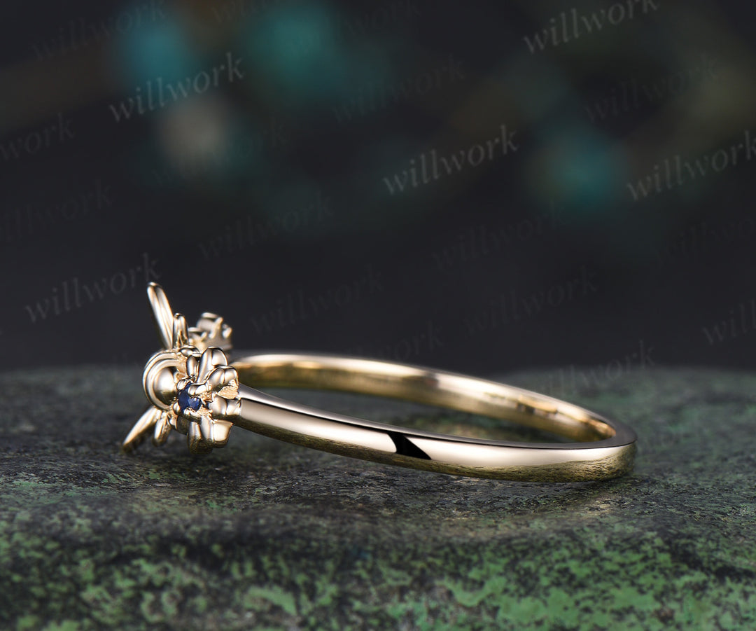 Unique tiny bee sapphire alexandrite ring solid 14k yellow gold toi et moi ring bumble bee floral ring couple bff gifts