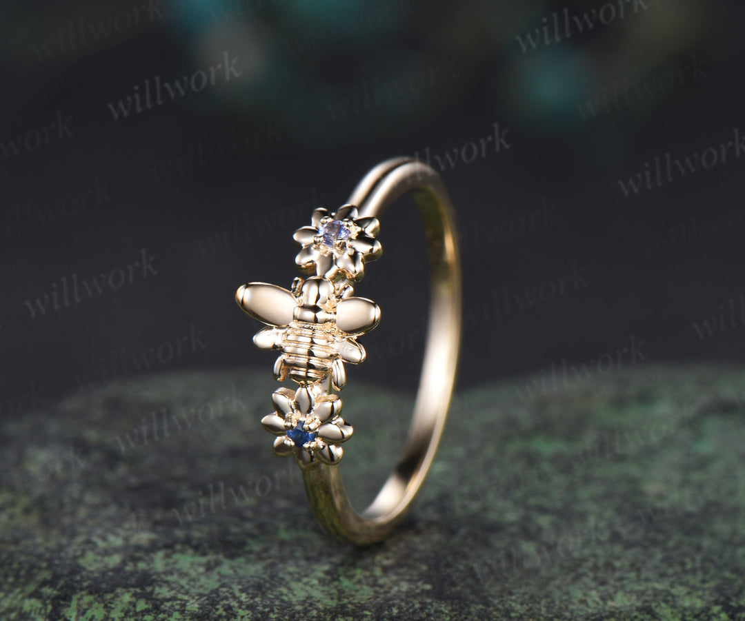 Unique tiny bee sapphire alexandrite ring solid 14k yellow gold toi et moi ring bumble bee floral ring couple bff gifts
