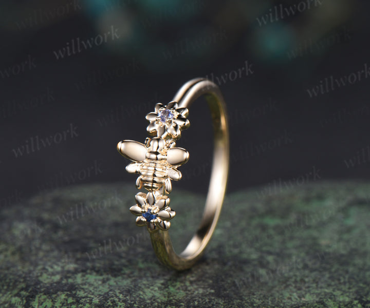 Unique tiny bee sapphire alexandrite ring solid 14k yellow gold toi et moi ring bumble bee floral ring couple bff gifts