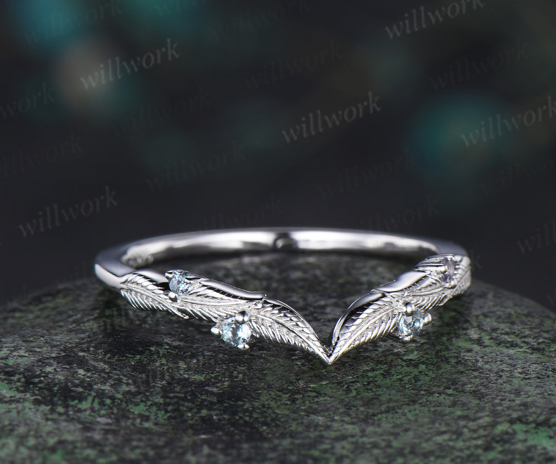 Nature inspired alexandrite leaf wedding band curved V-shaped vintage stacking ring birthstone anniversary ring