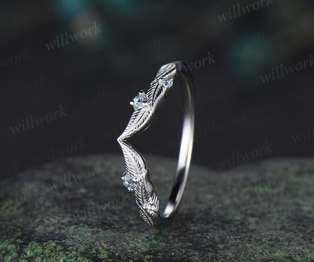 Nature inspired alexandrite leaf wedding band curved V-shaped vintage stacking ring birthstone anniversary ring